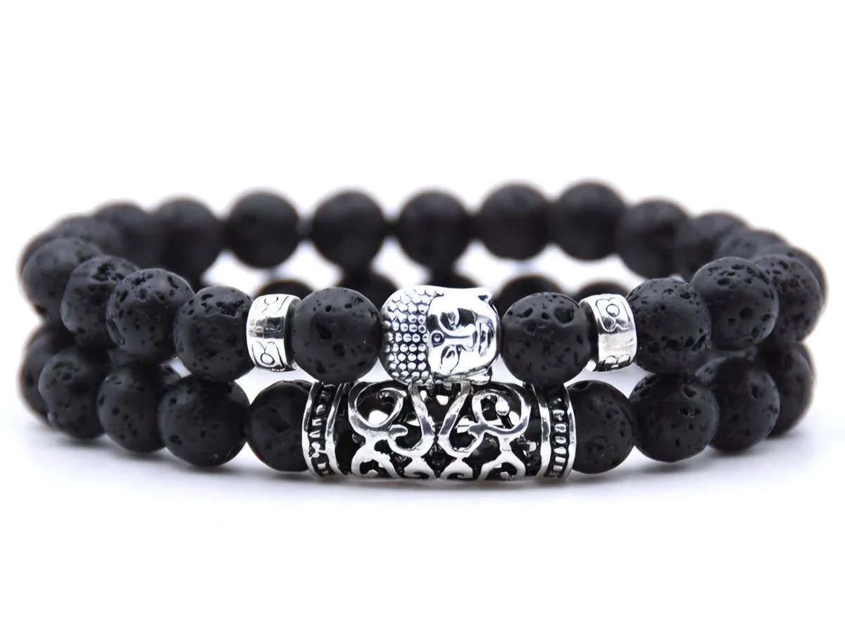 S4H Lava Steen Armband – 2-delige Set – Natuurlijke Lavasteen voor Energie & Aarding – Buddha Armband – Handgemaakt Unisex Sieraad