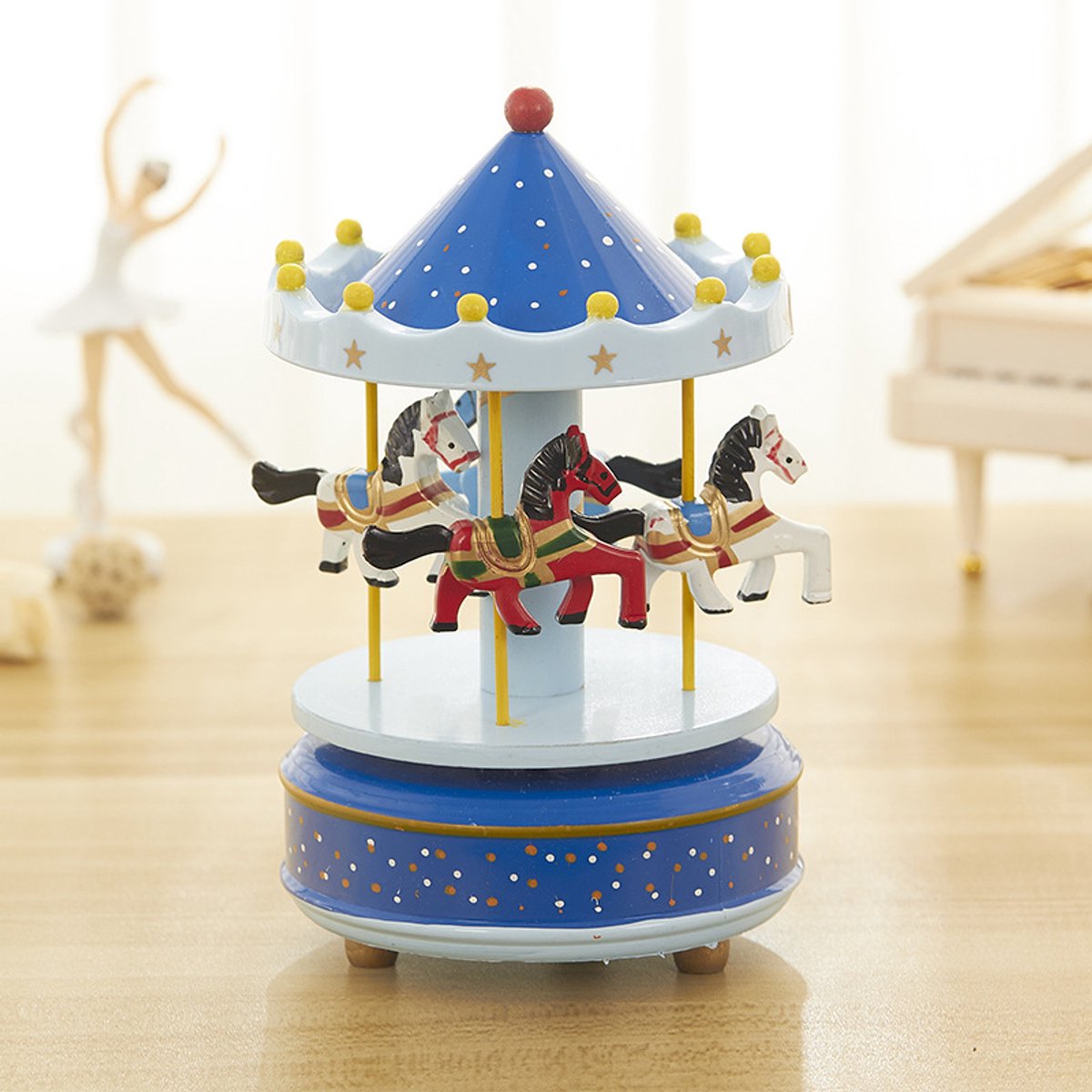Muziekdoos in de vorm van een draaimolen, elegant draaiend, Valentijnsdagcadeau - Gestippeld blauw