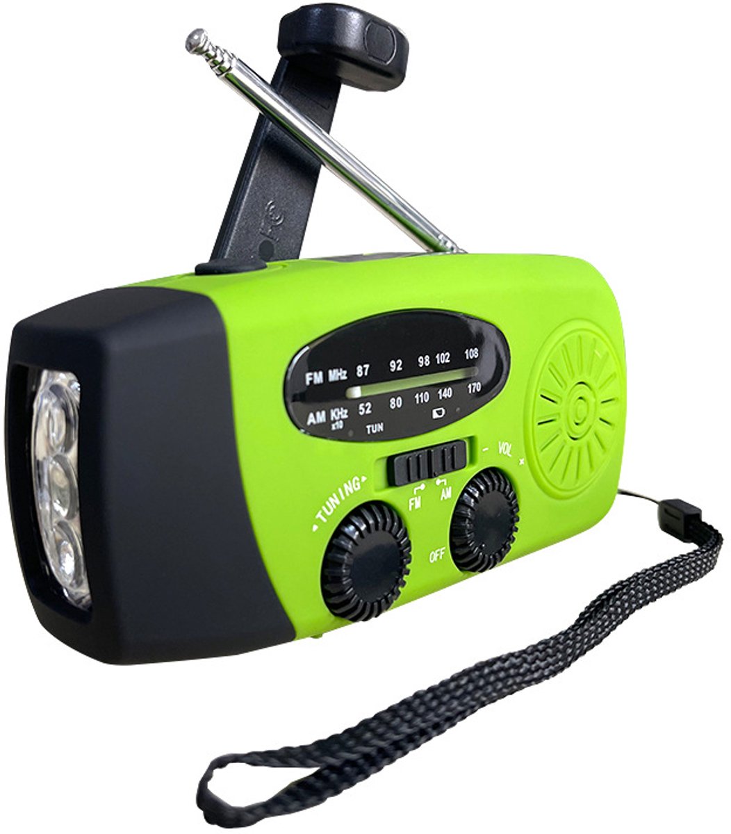 Radio - Noodradio - Noodradio solar opwindbaar - Draagbare radio - Alarm en rampenpreventie - Met noodverlichting - 2000mah - ABS - Groen