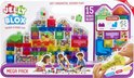 Jelly Blox Mega Pack verpakking met speelgoed en afbeelding van spelende kinderen. Zachte, transparante bouwblokken gevuld met gekleurde bolletjes. Verkrijgbaar in diverse kleuren.