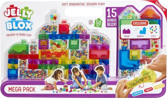 Jelly Blox Mega Pack verpakking met speelgoed en afbeelding van spelende kinderen. Zachte, transparante bouwblokken gevuld met gekleurde bolletjes. Verkrijgbaar in diverse kleuren.