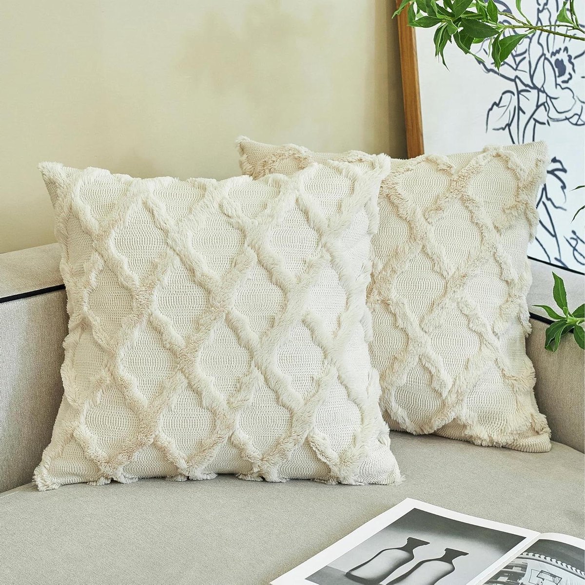 Provento - Set van 2 beige boho decoratieve kussenslopen 40x40 cm voor bank - sierkussen - pluizige kussenslopen
