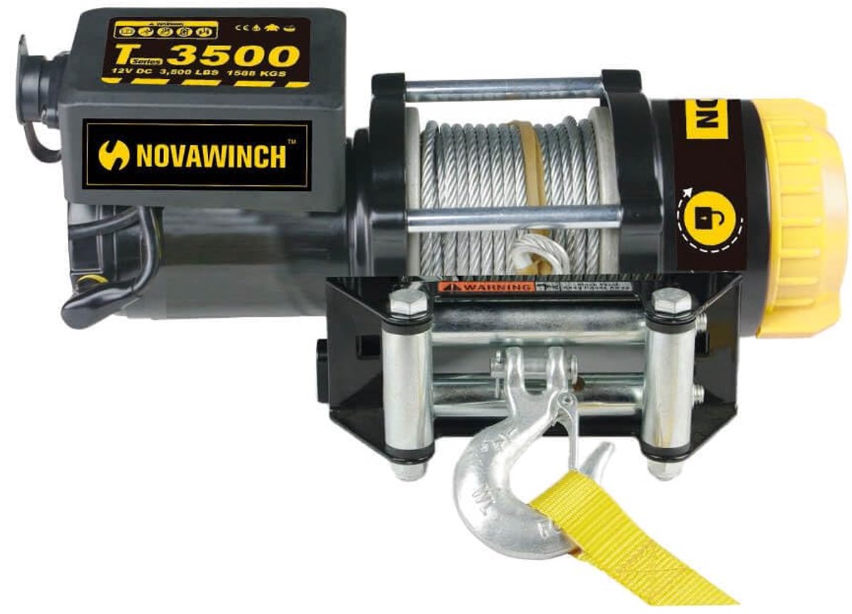 NovaWinch type: NVT3500i - Elektrische IP67 bootlier 12V - Quadlier met 1589 kg trekkracht - Kompleet met 13.7 meter staalkabel met veiligheidshaak - Incl. 3 meter kabelafstandbediening. Accessoires op aanvraag leverbaar.
