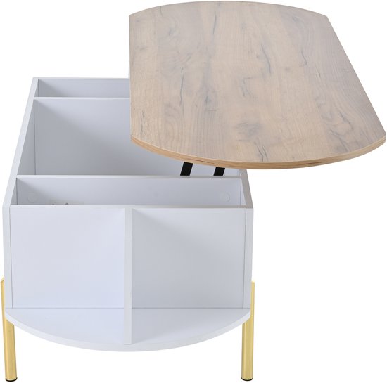 Witte salontafel met houten blad, gouden poten, openklapbaar met opbergvakken.
