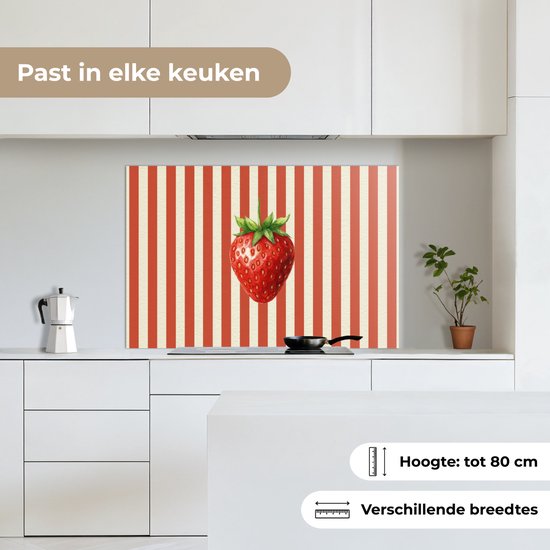 Spatscherm 100x65 cm - Zelfklevende achterwand Aardbei - Strepen - Rood - Keuken muurbeschermer - Spatwand fornuis
