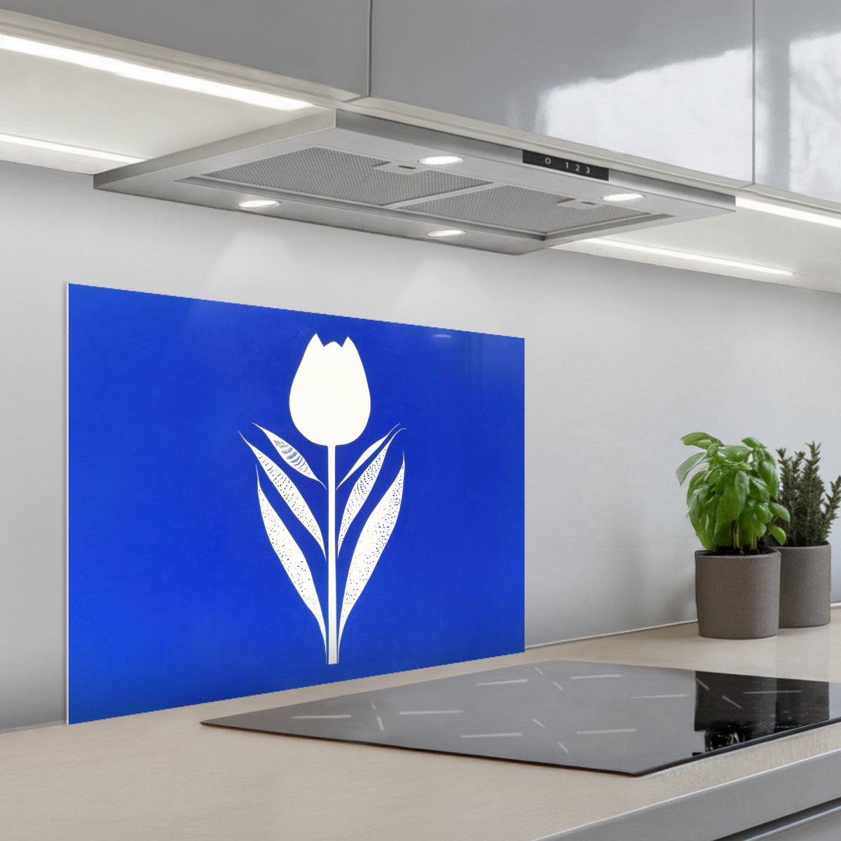 Spatscherm 70x50 cm - Zelfklevende achterwand Tulp - Minimalistisch - Bladeren - Wit - Keuken muurbeschermer - Spatwand fornuis