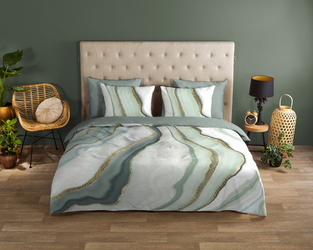 Good Morning dekbedovertrek marmereffect - 2 persoons 200x200/220 cm - Groen - 100% Katoen renforce