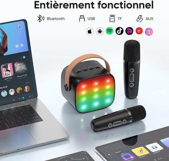 Draadloze Kinder Karaoke Microfoon met 2 Micros, Draagbare Bluetooth Karaoke met Magische Stemverandering en LED Licht HiFi Geluidskwaliteit Mini Complete Karaoke Microfoon voor Kinderen Volwassenen Meisje Zwart — afbeelding 2