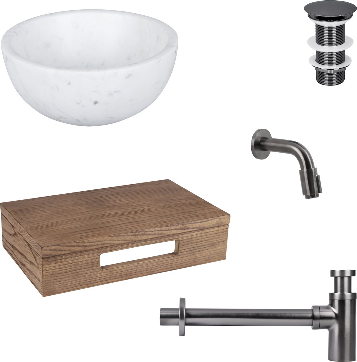 Differnz Ruz fonteinset - waskom marmer - muurkraan 11 cm gun metal - inclusief wastafelplank donker eiken