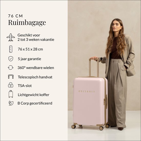 SUITSUIT Reiskoffer 76x51x28 - Reiskoffer met wielen - Veilig TSA cijferslot - Lichtgewicht koffer - Reiskoffer groot - 94L - Fusion koffer Rose Pearl - Roze