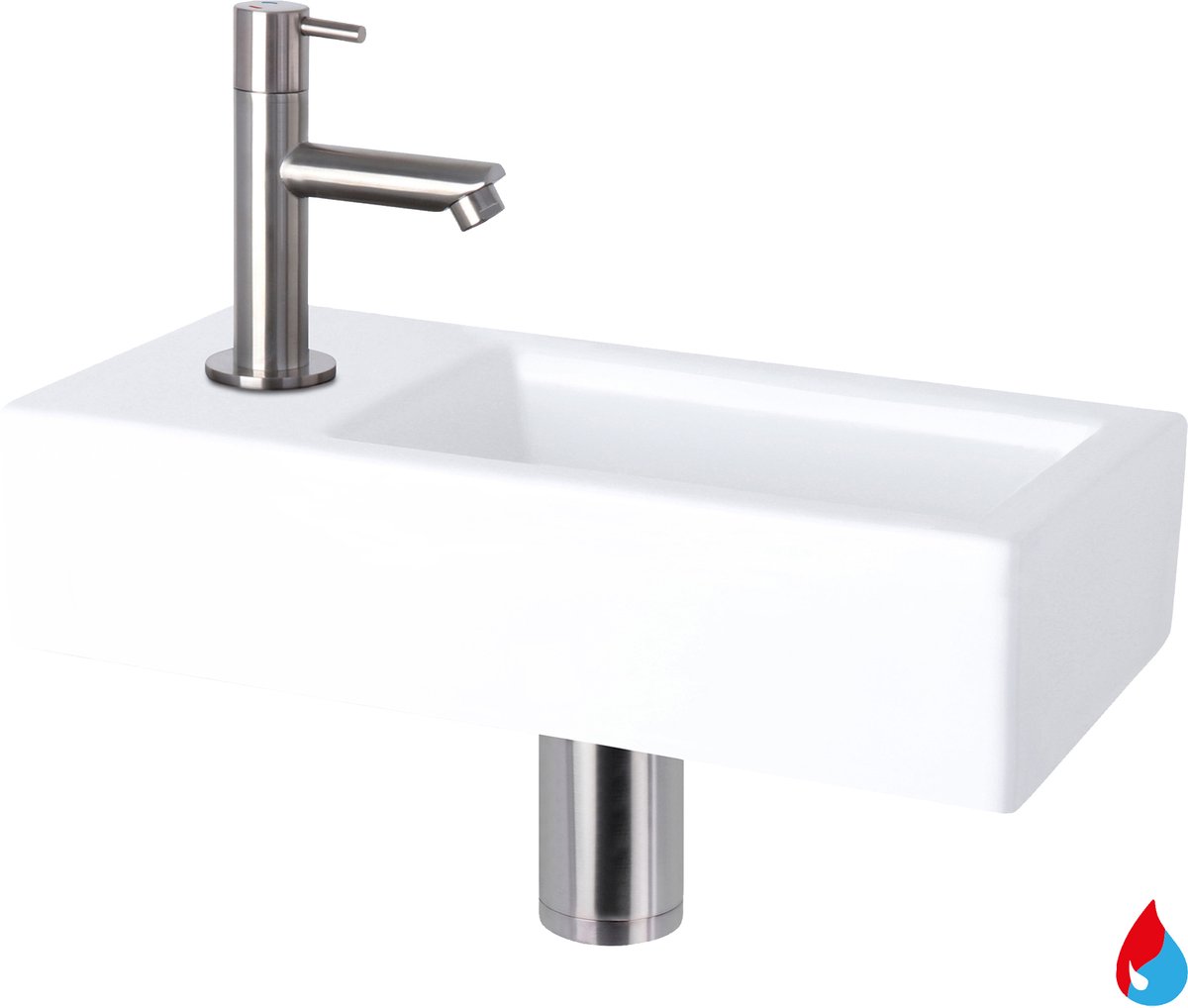 Differnz Helios fonteinset - keramiek wit - warm/koud kraan recht mat chroom - kraan links - always open afvoerplug - 37.5 x 18.5 x 9 cm