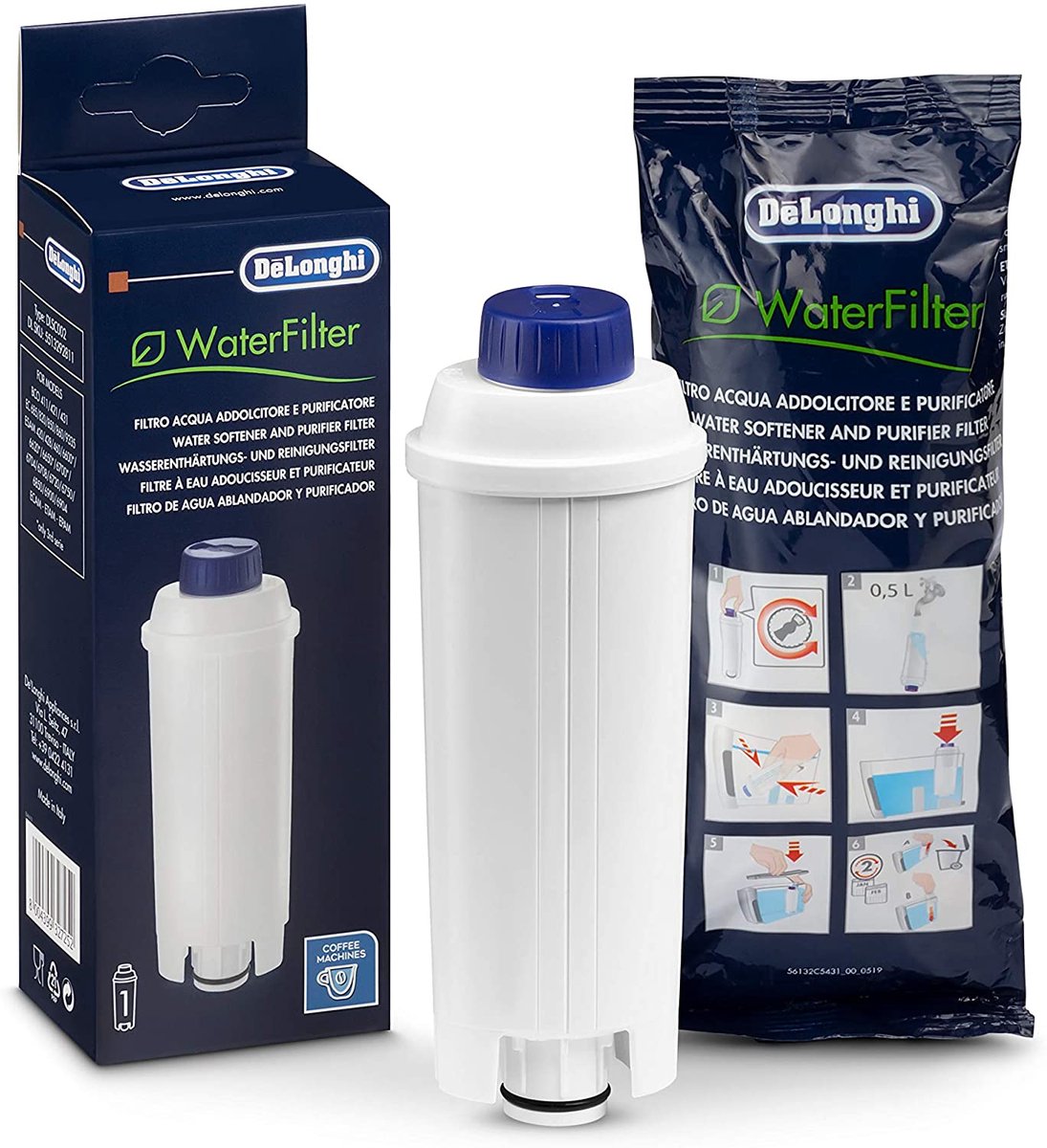 6 Pcs Delonghi Water Filters - Compatible with DLSC002, Magnifica S, ECAM, ESAM, ETAM, EPAM, Primadonna Fully Automatic Coffee Machines