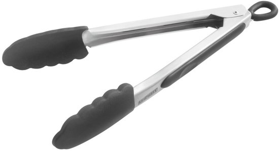 Zilverkleurige keukentang met zwarte, geribbelde siliconen uiteinden en handvatten. De tang is 23 cm lang.