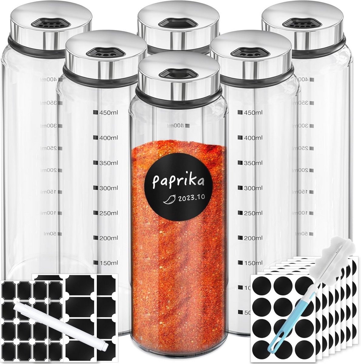 Glazen kruidenpotjes set 6 stuks met etiketten en krijtstift