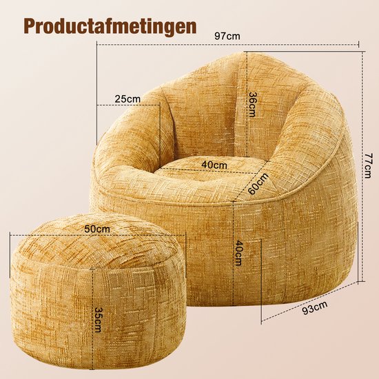 Gele zitzak en poef met afmetingen: 97x77cm zitzak, 93cm breed, 50x35cm poef.