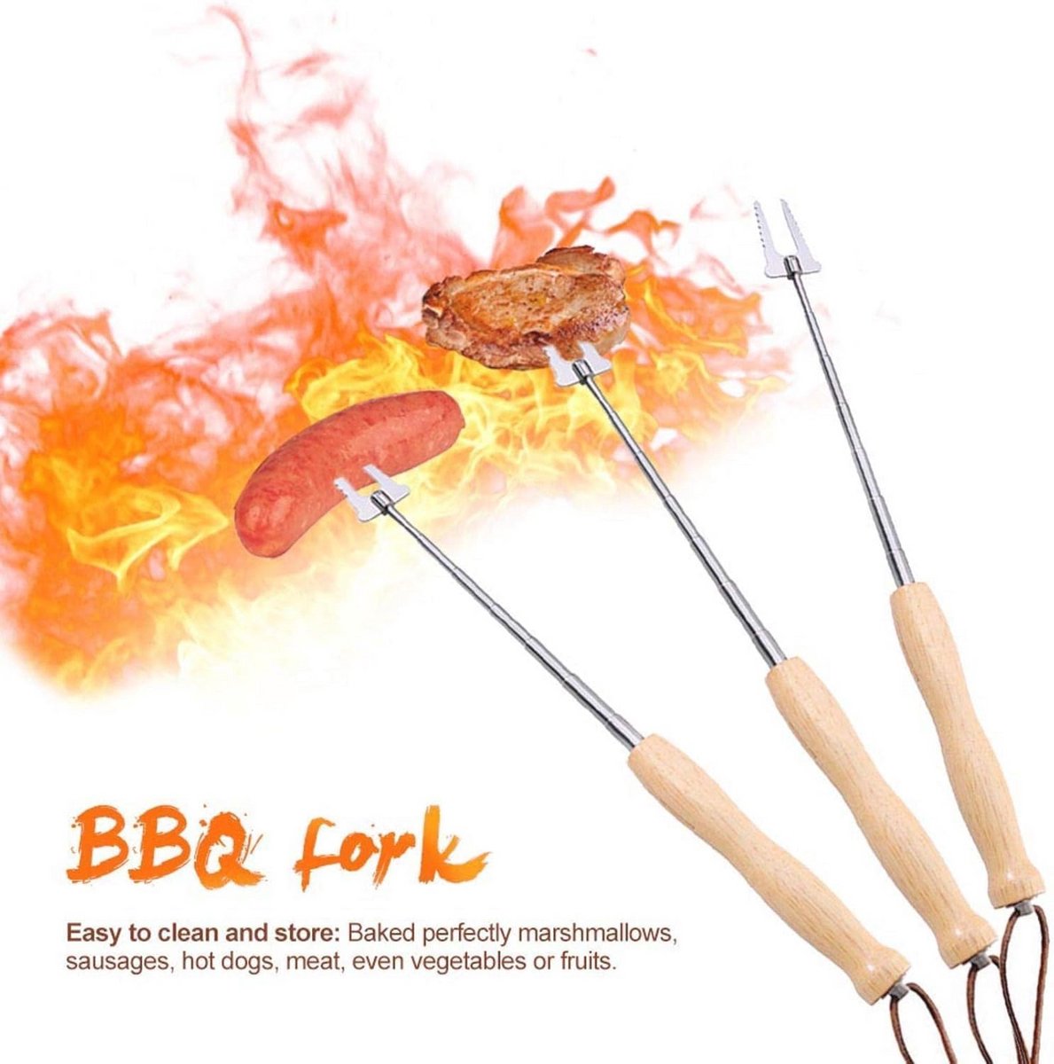 Telescoop Grillspiesen van RVS met Houten Handvat voor BBQ en Kampeeravonden