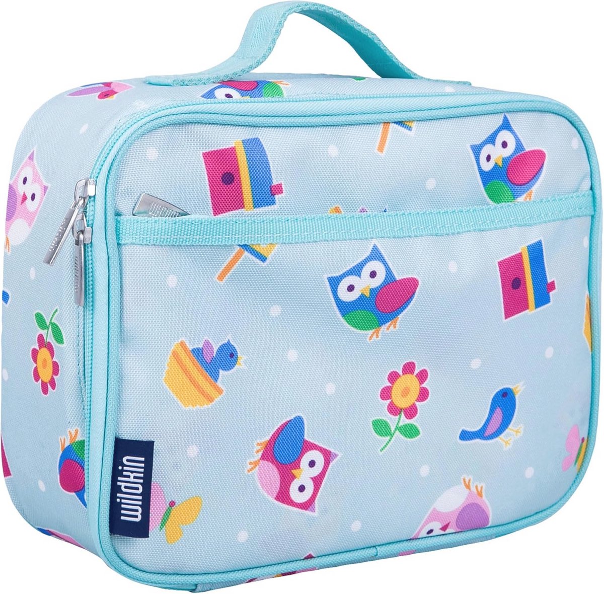 Kinder Lunchbox voor school, geïsoleerd, meerkleurig ontwerp met uilen en vogels