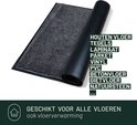 Grijze deurmat met antislip onderkant, rol voor de tekst 'Geschikt voor alle vloeren'.