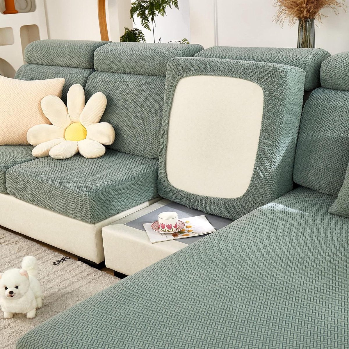 Allecta - Elastische bankovertrek voor L-vormige chaise longue - universeel - antislip - meubelbescherming.