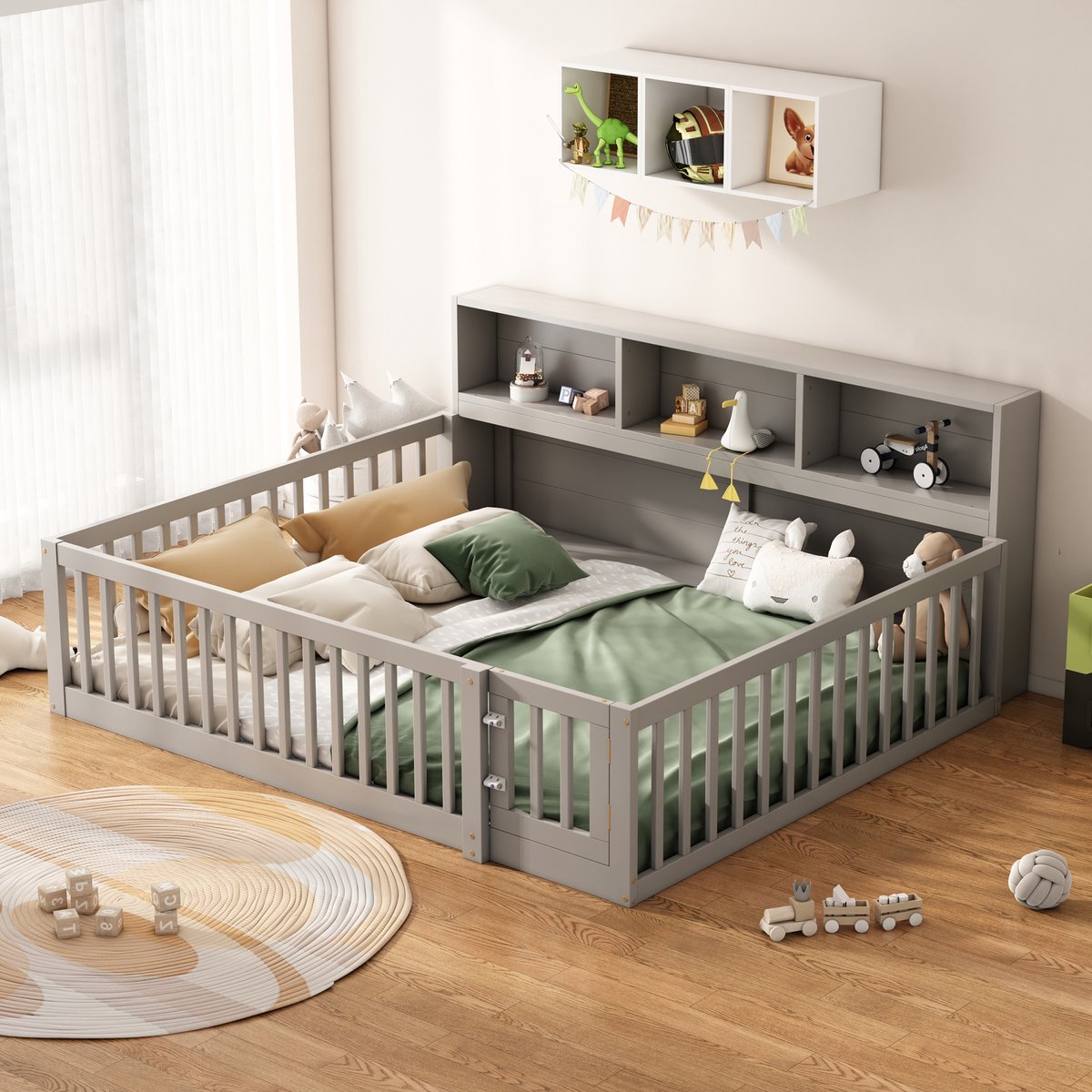 Wishdor Montessori Huisbed 140x200 cm - Twijfelaar Vloerbed met Veiligheidshek & Deurtje - Kinderbed met Ingebouwde Boekenkast - Massief Hout - Grijs