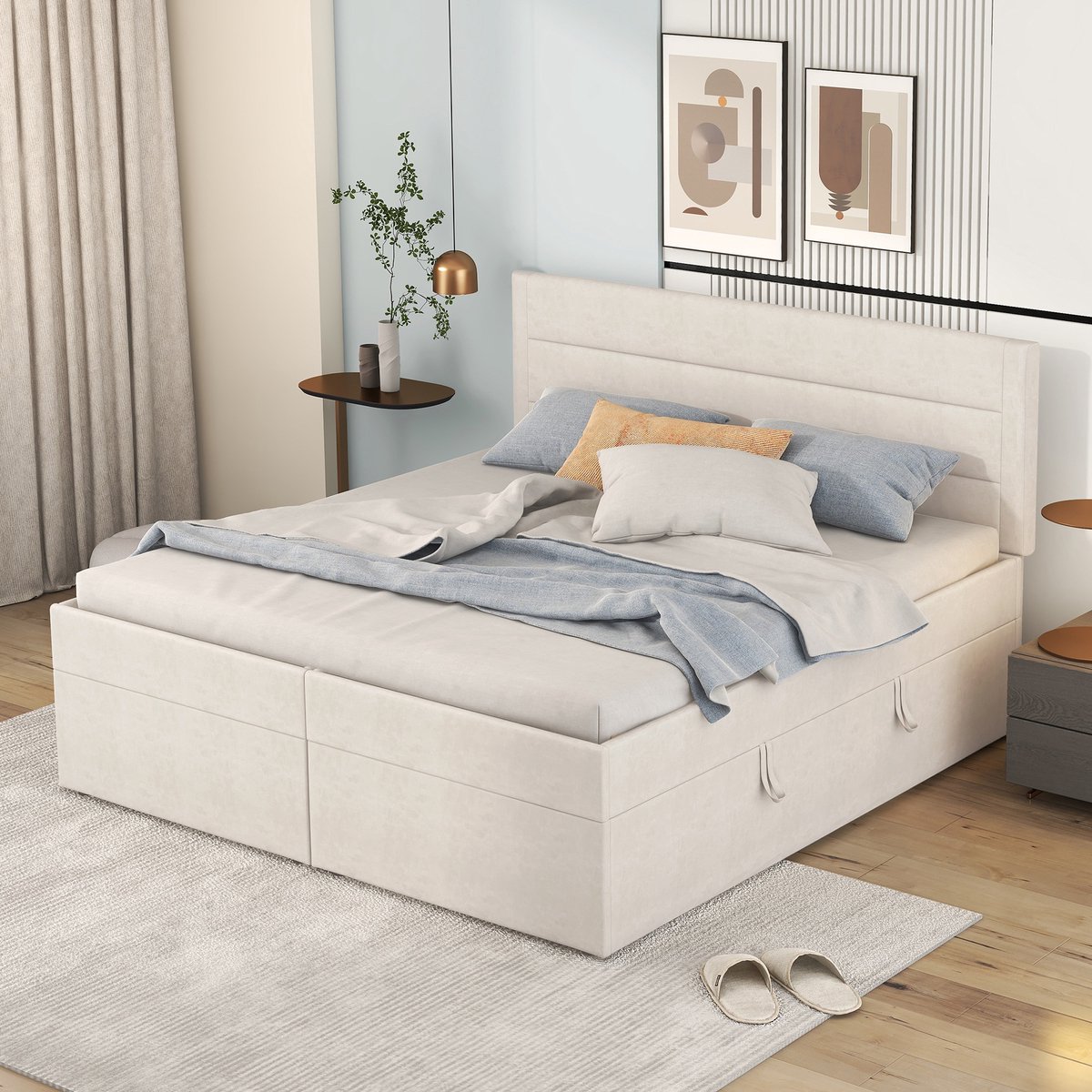 MODFU Ledikant 140x200 cm – Beige gestoffeerd met opbergruimte – Gasveer lattenbodem – Linnen look