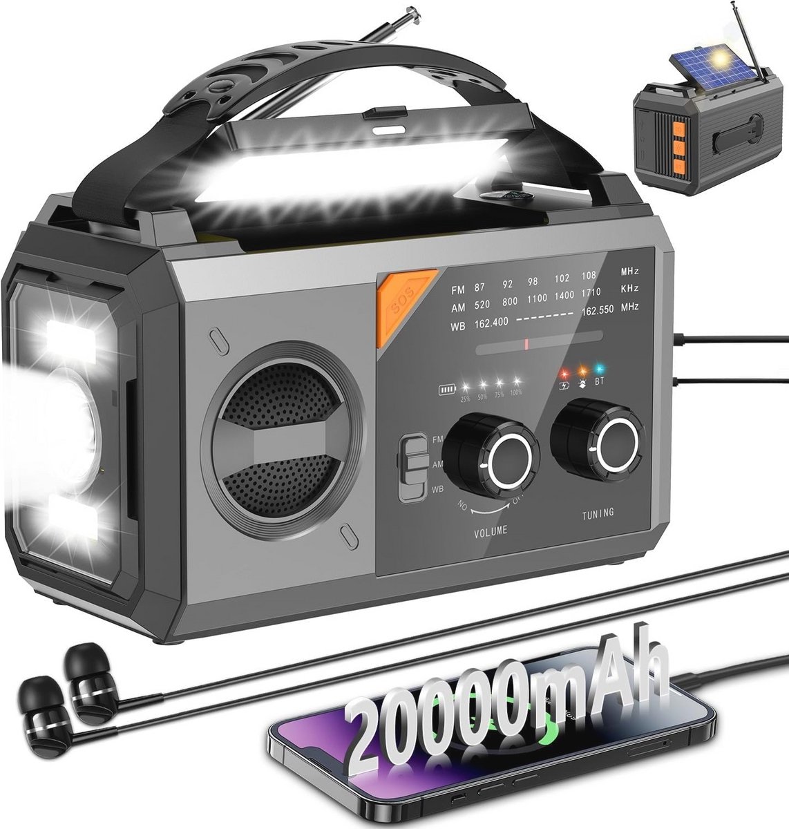20000mAh Weerradio voor Noodgevallen met Draadloze Luidspreker, Zonne-energie, Handslinger en SOS-Alar