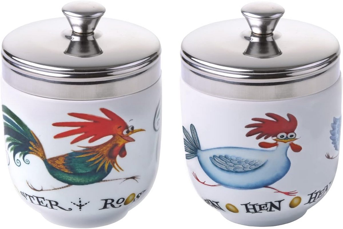 Set van 2 Porseleinen Eier-Coddlers - Chasing Chickens Design - Keuken Gadgets voor Eieren