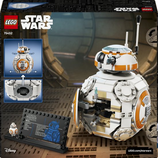 Arrière de la boîte LEGO Star Wars BB-8 avec des détails sur le BB-8 à construire.