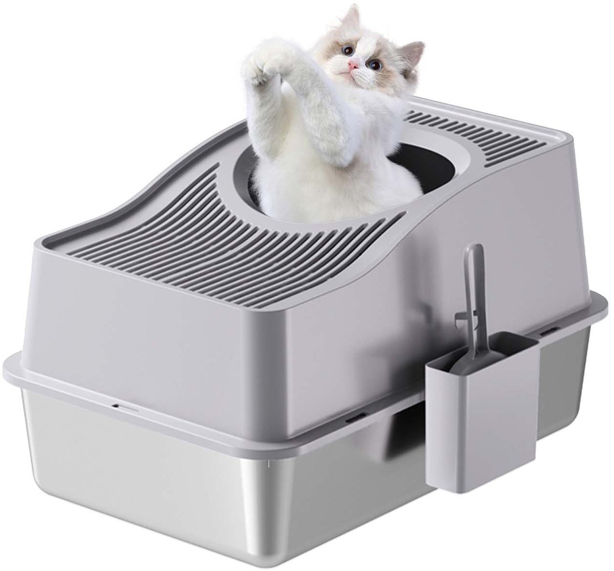 RVS kattenbak met deksel - 60x40x40cm - Gesloten roestvrijstalen kattenbak XL met hoge randen - schepje - geurcontrole - antislip pads - makkelijk te reinigen - Grijs