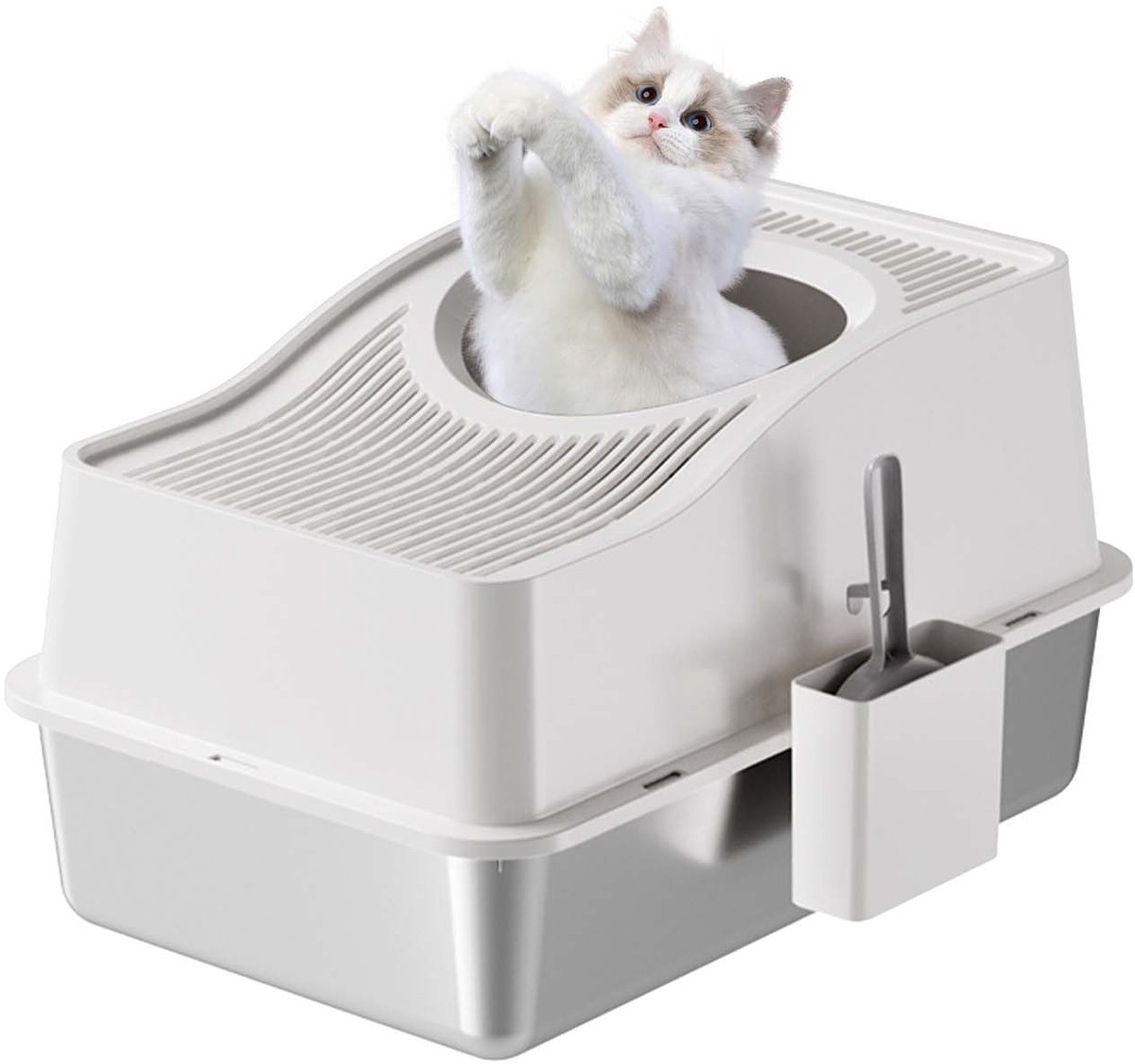 RVS kattenbak met deksel - 60x40x35cm - Gesloten roestvrijstalen kattenbak XL met hoge randen - schepje - geurcontrole - antislip pads - makkelijk te reinigen - wit van HOERFURIY