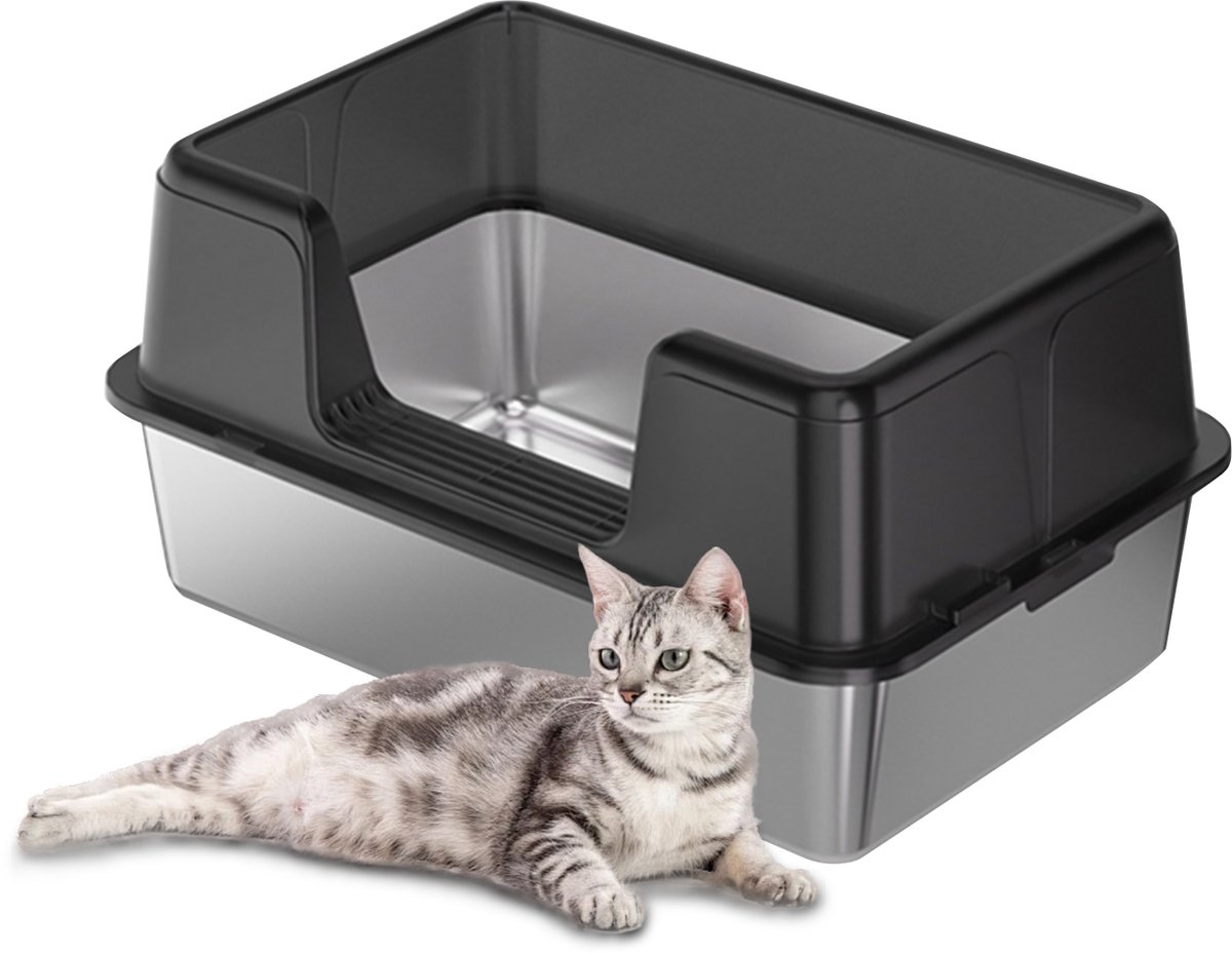 RVS kattenbak - Extra grote metalen kattenbak met hoge randen - geurcontrole - antislip pootjes & schepje - makkelijk te reinigen - 60x40x37 cm - Zwart