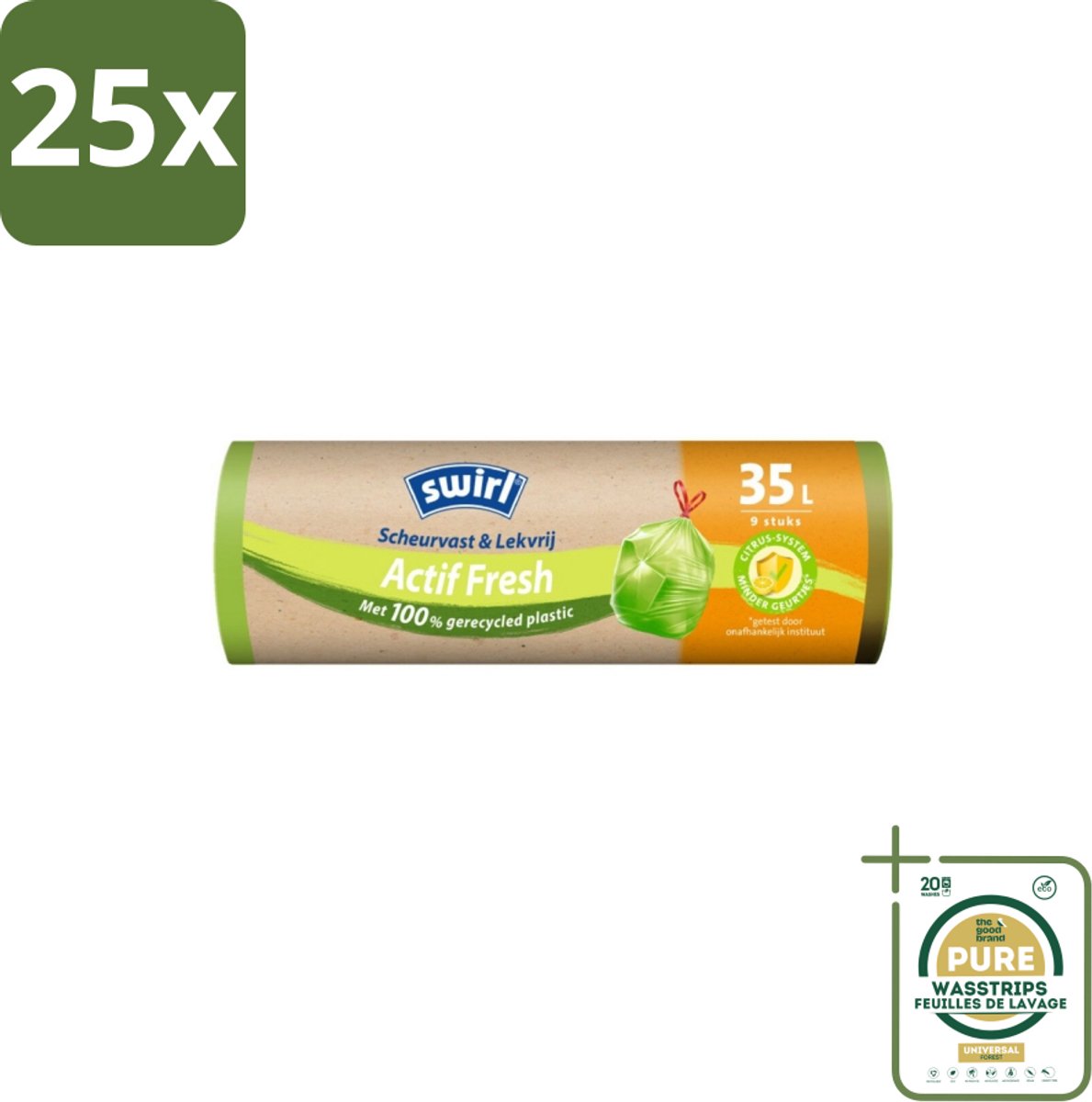 25 x Swirl – Vuilniszakken – Trekband Geparfumeerd Actif Fresh – 35 L – 9 zakken - Grootverpakking - Koffiezetapparaat