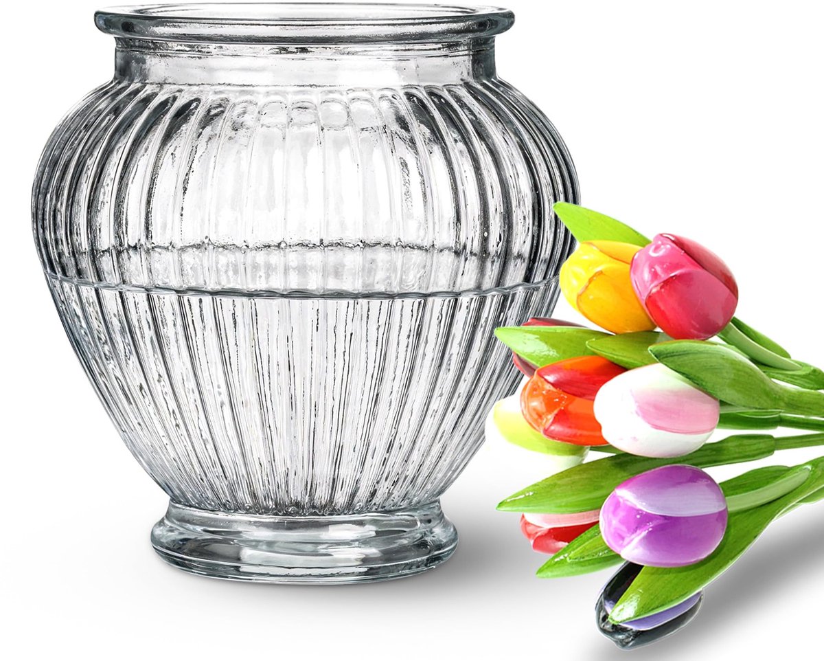 IMPERATORIS® Glazen Vazen / Glazen Flessen – Mini Decoratieve Vaas Flesjes – Helder Glas – Inclusief Strik – 14 x 14 x 15 cm – Transparant