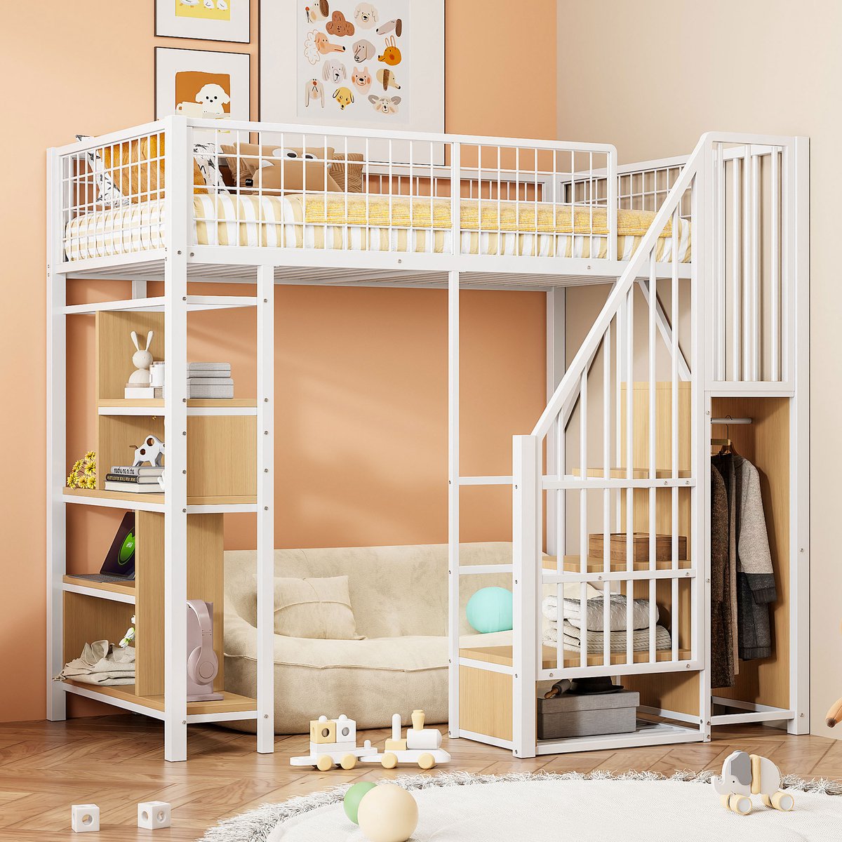 MODFU Bedframe 90x200 cm van metaal en hout – wit – hoogslaper met ingebouwde opbergruimte en trap – ruimtebesparend