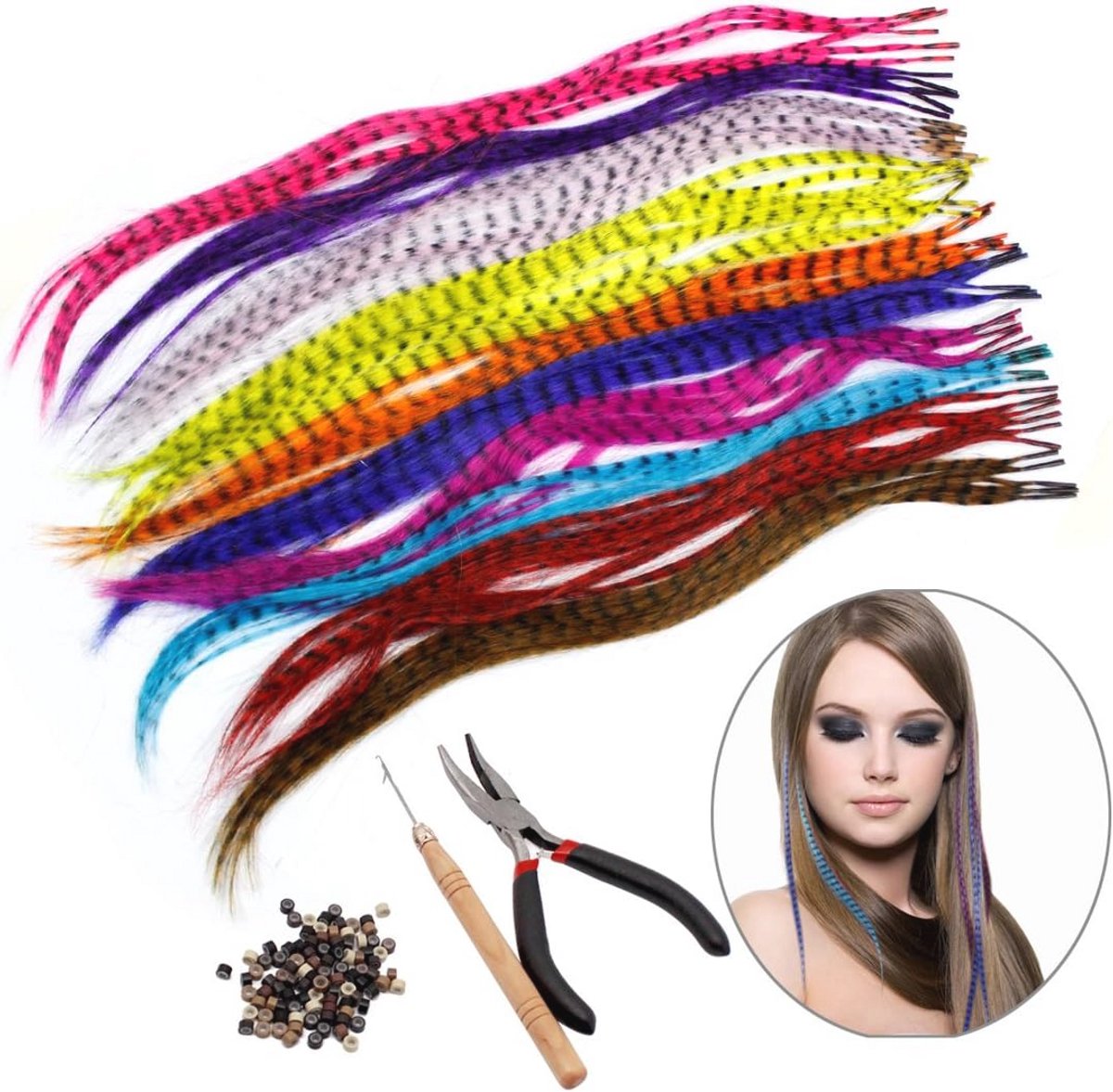 Haarverlengingset met 52 Synthetische Veren en 100 Parels