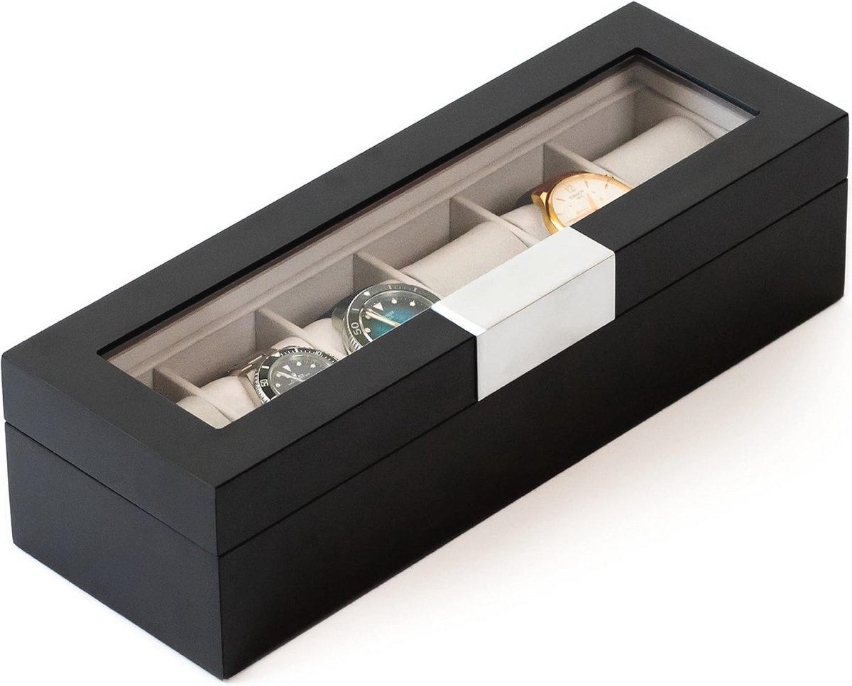 Moderne houten horlogedoos met glazen deksel en metalen clip - Slanke organizer voor horlogecollectie