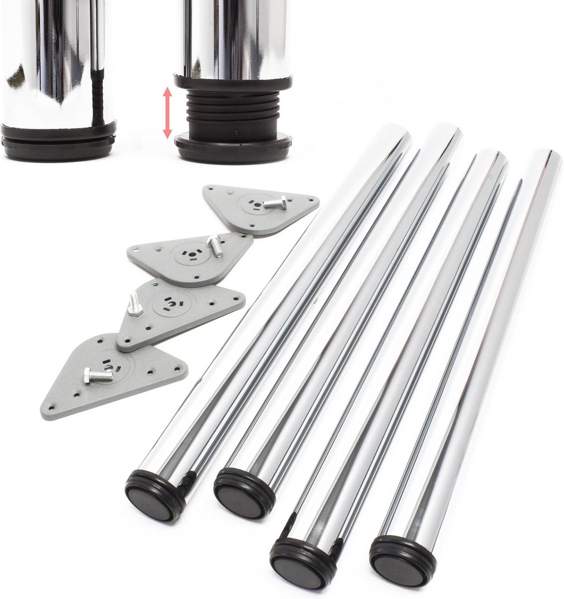 Verstelbare Tafelpoten van RVS - Set van 4 Chrome Meubelpooten voor Tafels - Hoogte 870 mm, Diameter 60 mm