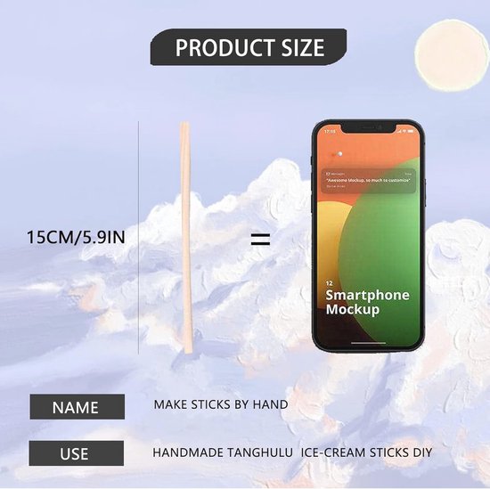 Een houten stokje van 15 cm naast een smartphone mockup.