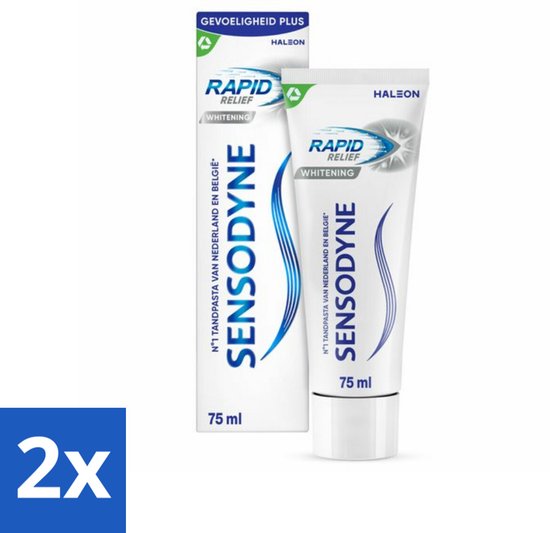 Een 2x voordeelverpakking van Sensodyne Rapid Relief Whitening tandpasta van 75 ml.