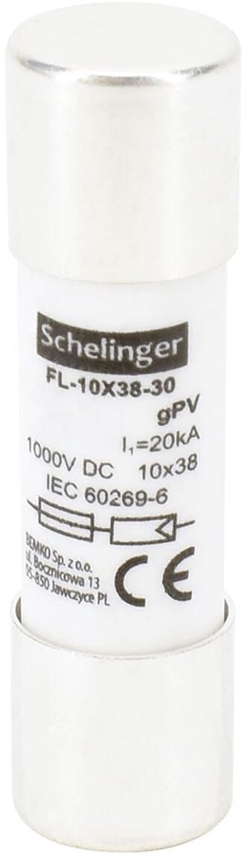 Schelinger Buiszekering ø10×38mm - 1000V DC - 20A - gPV - Voor Zonnepaneel & PV-installaties