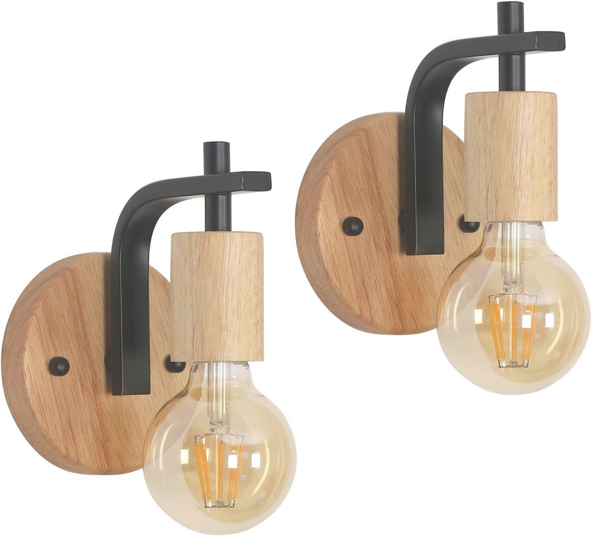 Interieur Wandlamp 2 Stuks in Hout en Metaal Design - Vintage E27 Binnenverlichting voor Gang, Woonkamer, Slaapkamer en Trap