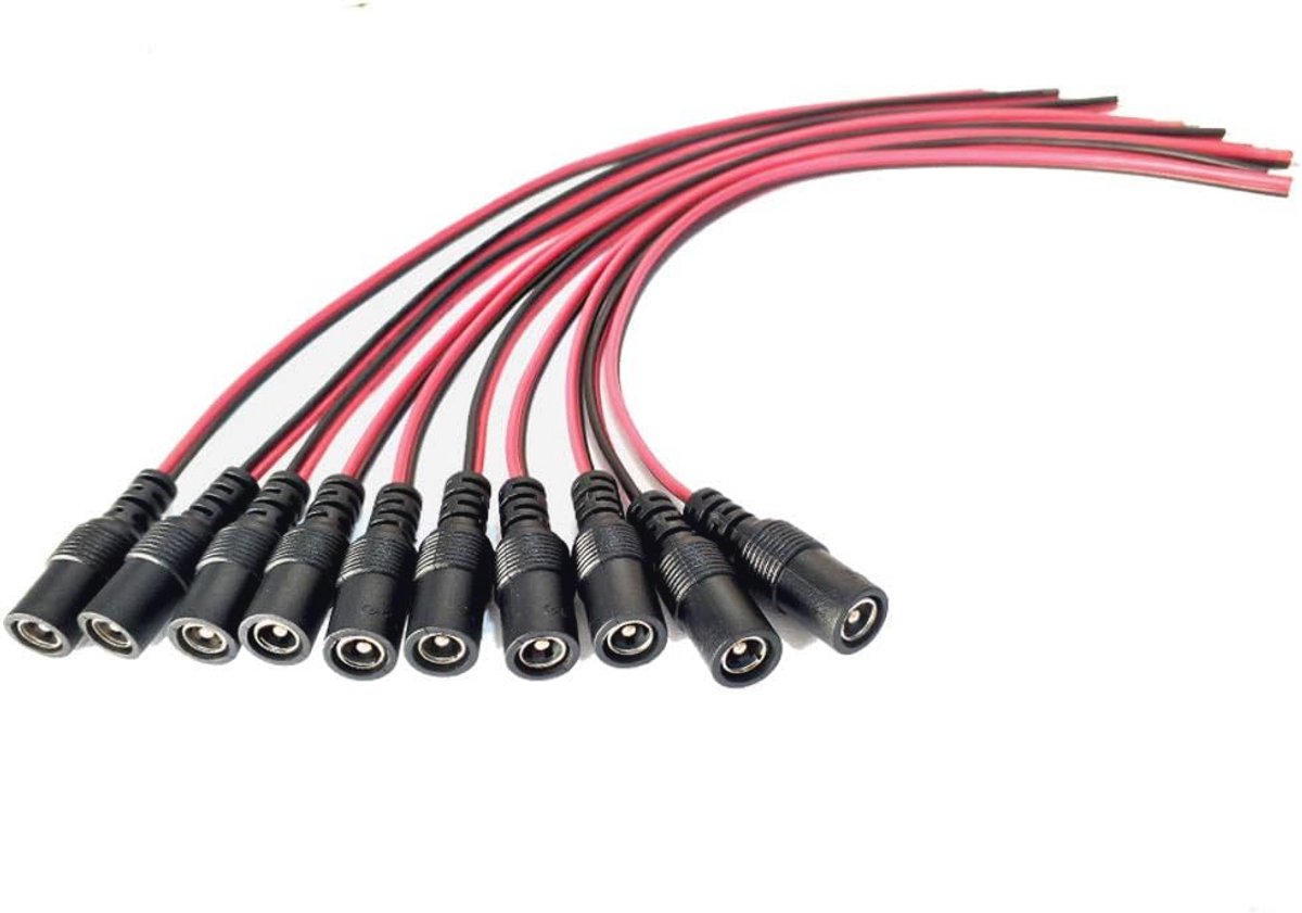10-Delige Power Pigtail Kabel Set - Mannelijke Stekker en Vrouwelijke Bus 5,5 x 2,1 mm voor CCTV Beveiligingscamera's
