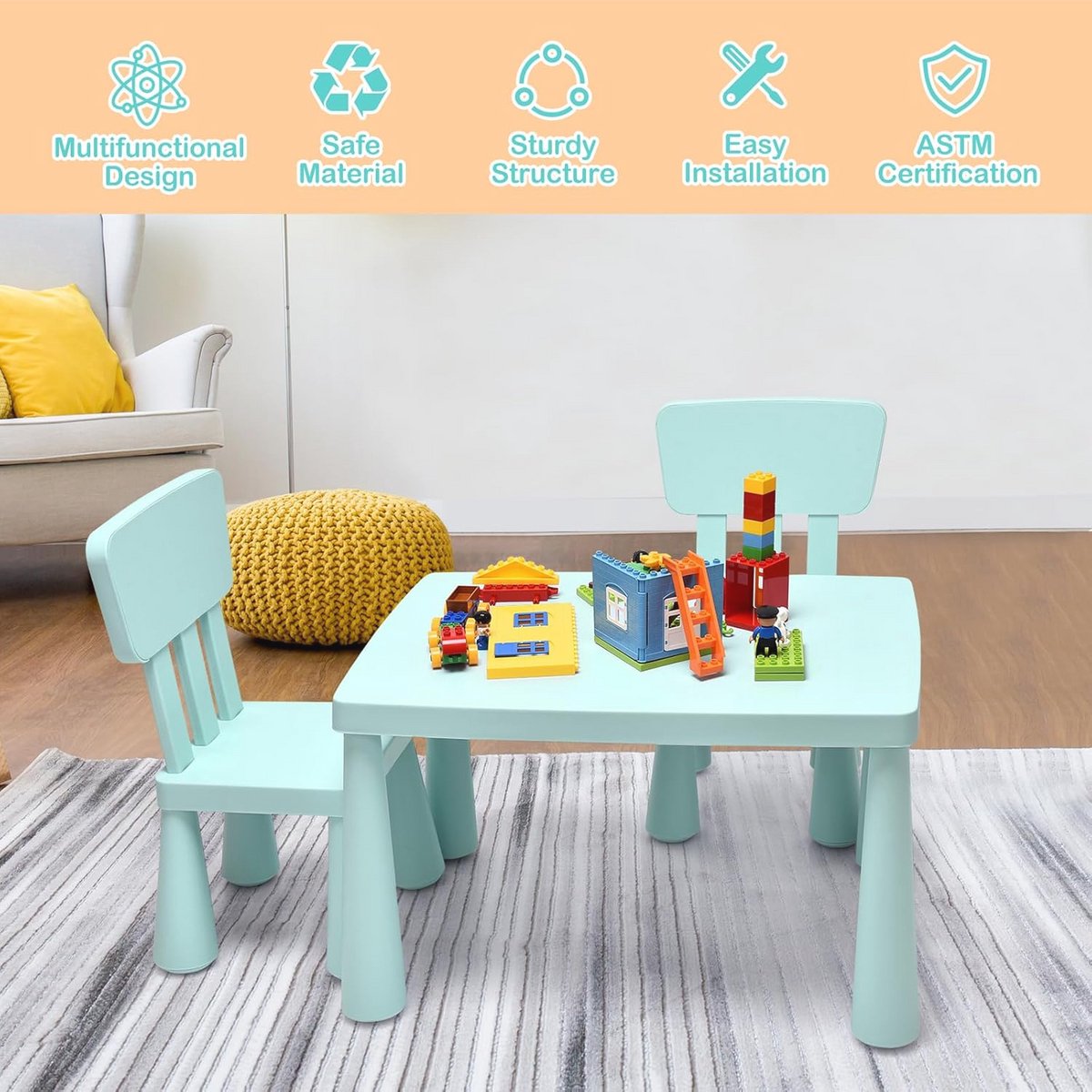 Multifunctionele kindertafel en stoelen set voor 1-7 jaar