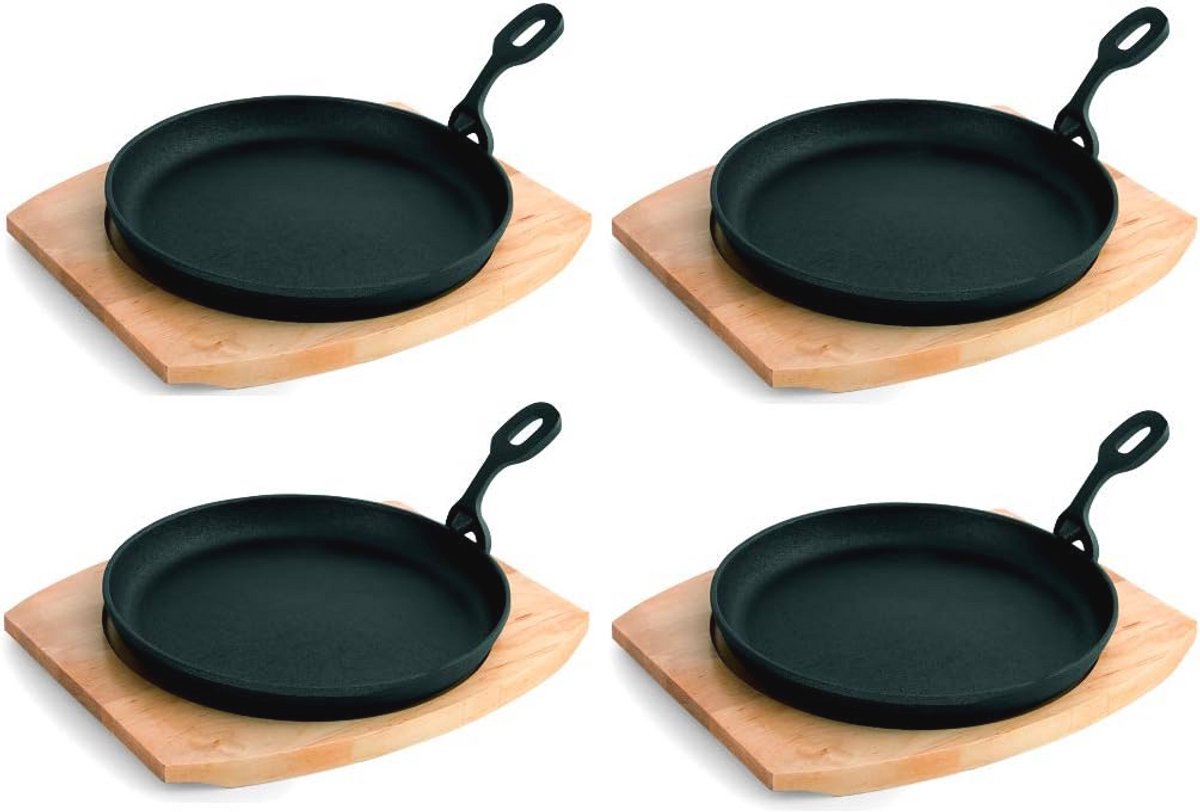Ronde gietijzeren serveerpan met houten onderzetter - Set van 4