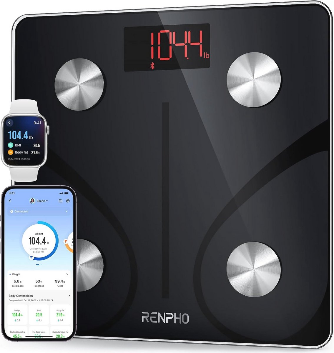 Weegschaal - Digitale badkamerweegschaal met zeer nauwkeurige sensor - Bluetooth-weegschaal - Lichaamscompositiemonitor met app (zwart)