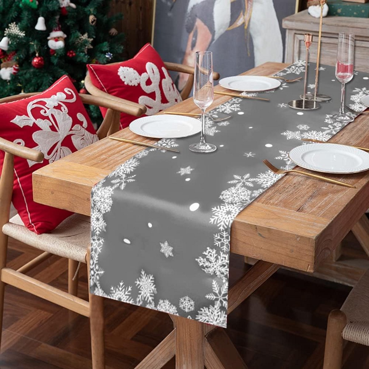 Grijze Sneeuwvlok Polyester Kerst Tafelloper 40 x 180 cm, Machinewasbaar