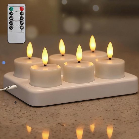 Zes witte LED-theelichtjes op een wit laadstation, met een afstandsbediening.