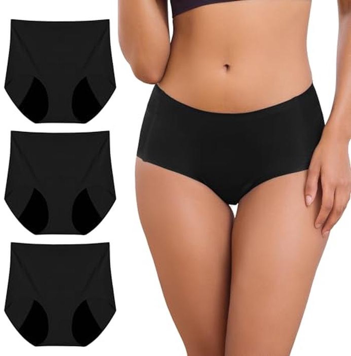 Menstruatieondergoed voor Lichte Bloedingen - Naadloos Hoge Taille Microvezel, 3 Stuks