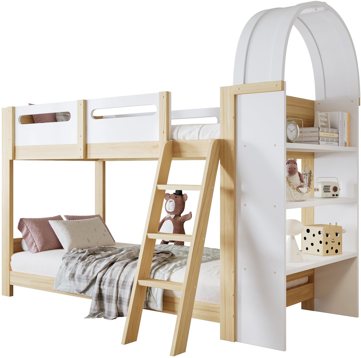 Merax Stapelbed voor Kinderen 90x200 cm - Met 3-Laags Opbergrek - Veilige Uitvalbeveiliging - 3-Trede Trap - Houten Lattenbodem - Grenenhout + MDF + Multiplex - Wit - Blank Houtkleur - Zonder Matras