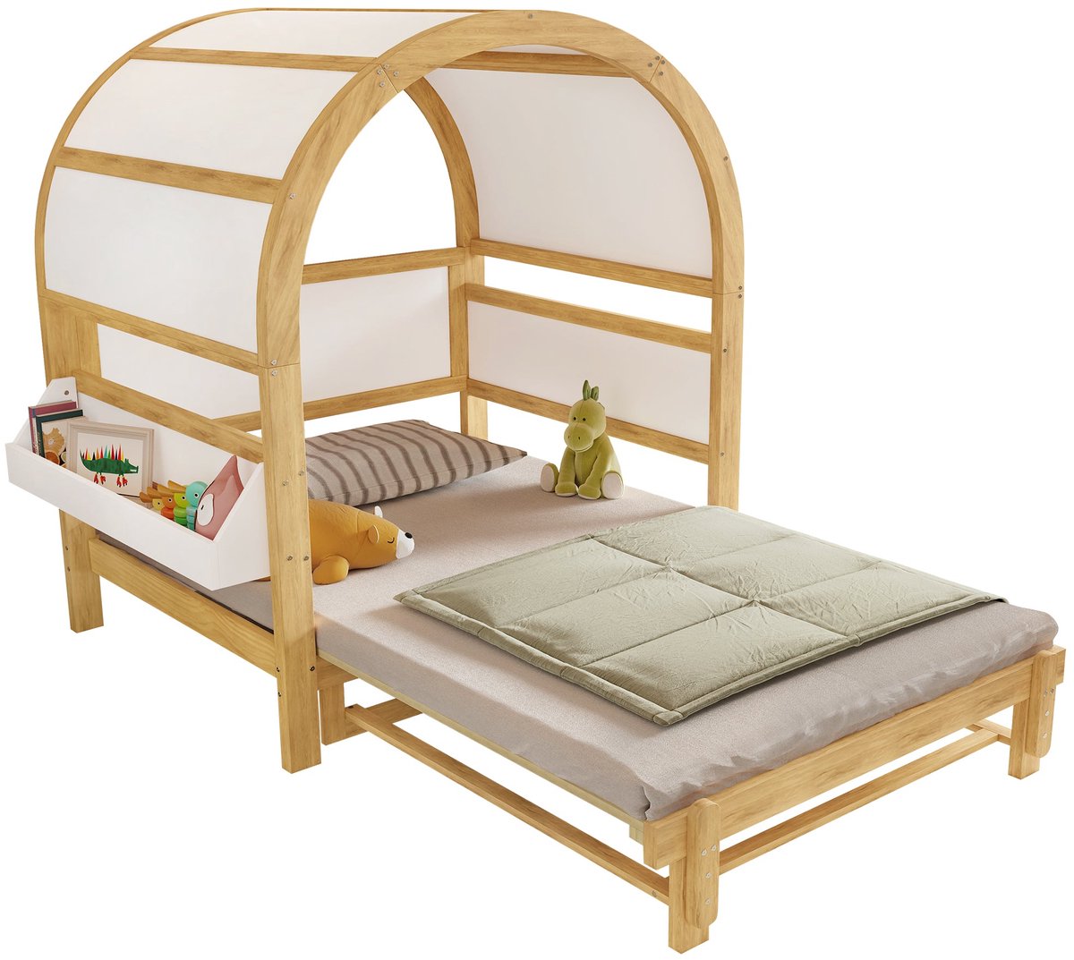 Merax Kinderbed 140x200 cm - Uitschuifbed voor Logees - Bed met Gewelfd Dakframe - Zijplankje - Houten Lattenbodem - Grenenhout + MDF - Wit - Blank Houtkleur - Zonder Matras